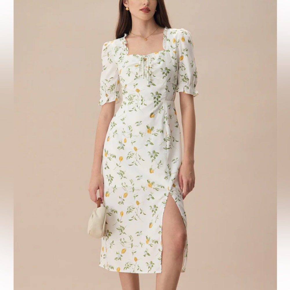 Rihoas The White Square Neck Frill Trim Floral Midi Dress